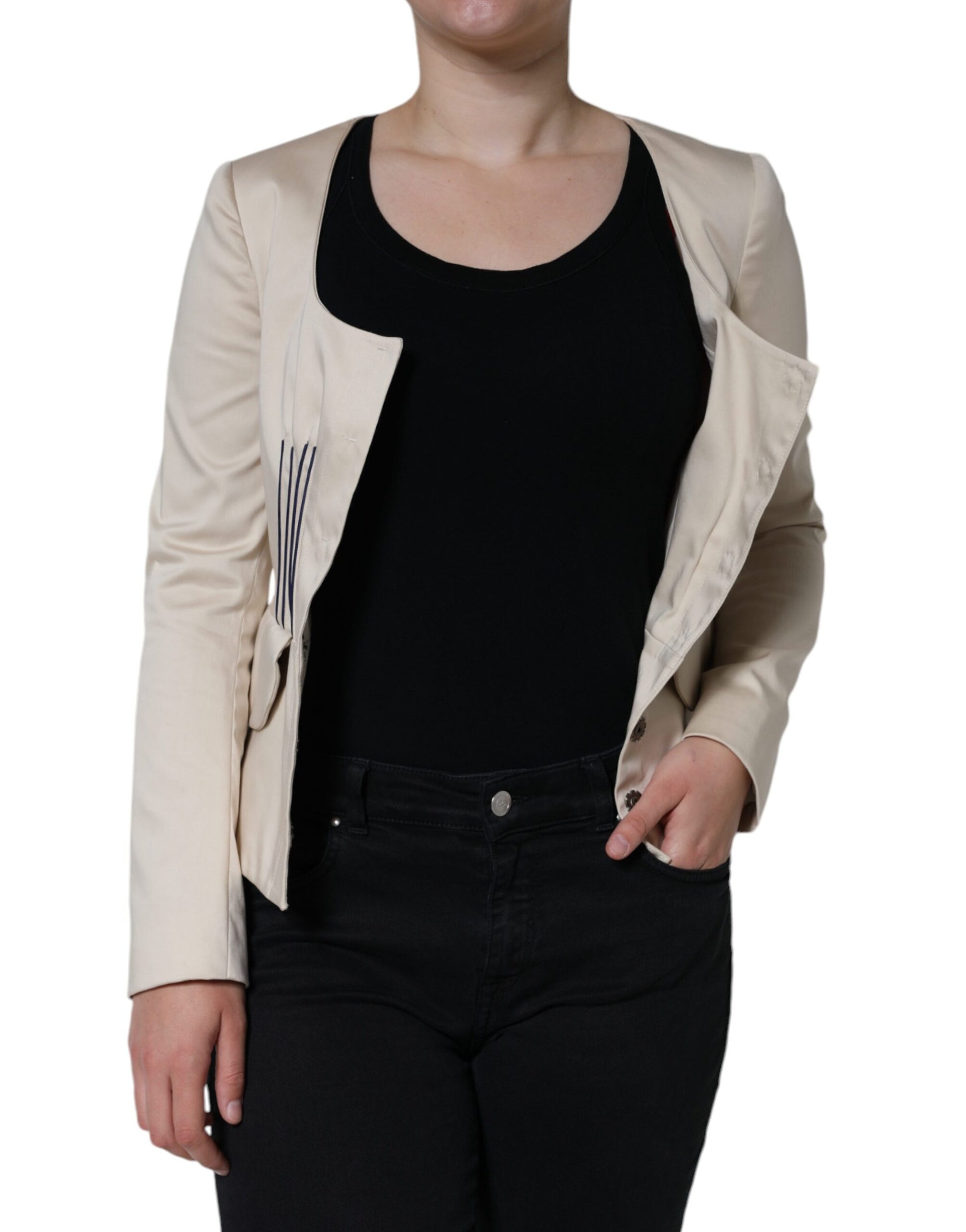 Beige Cotton Long Sleeves Round Neck Blazer Jacket