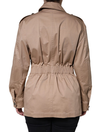 Beige Cotton Long Sleeve Collared Coat Jacket