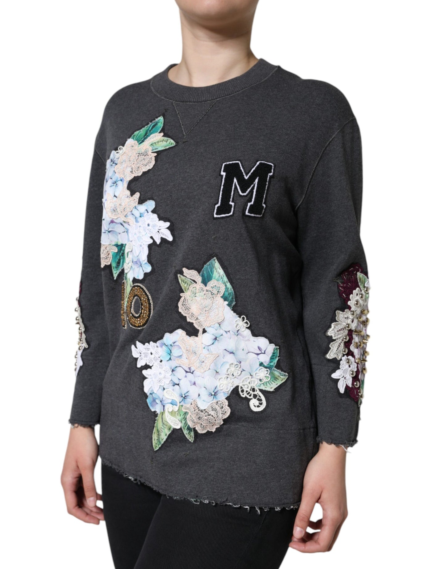 Gray Hydrangea CollegeStudded Floral Sweater