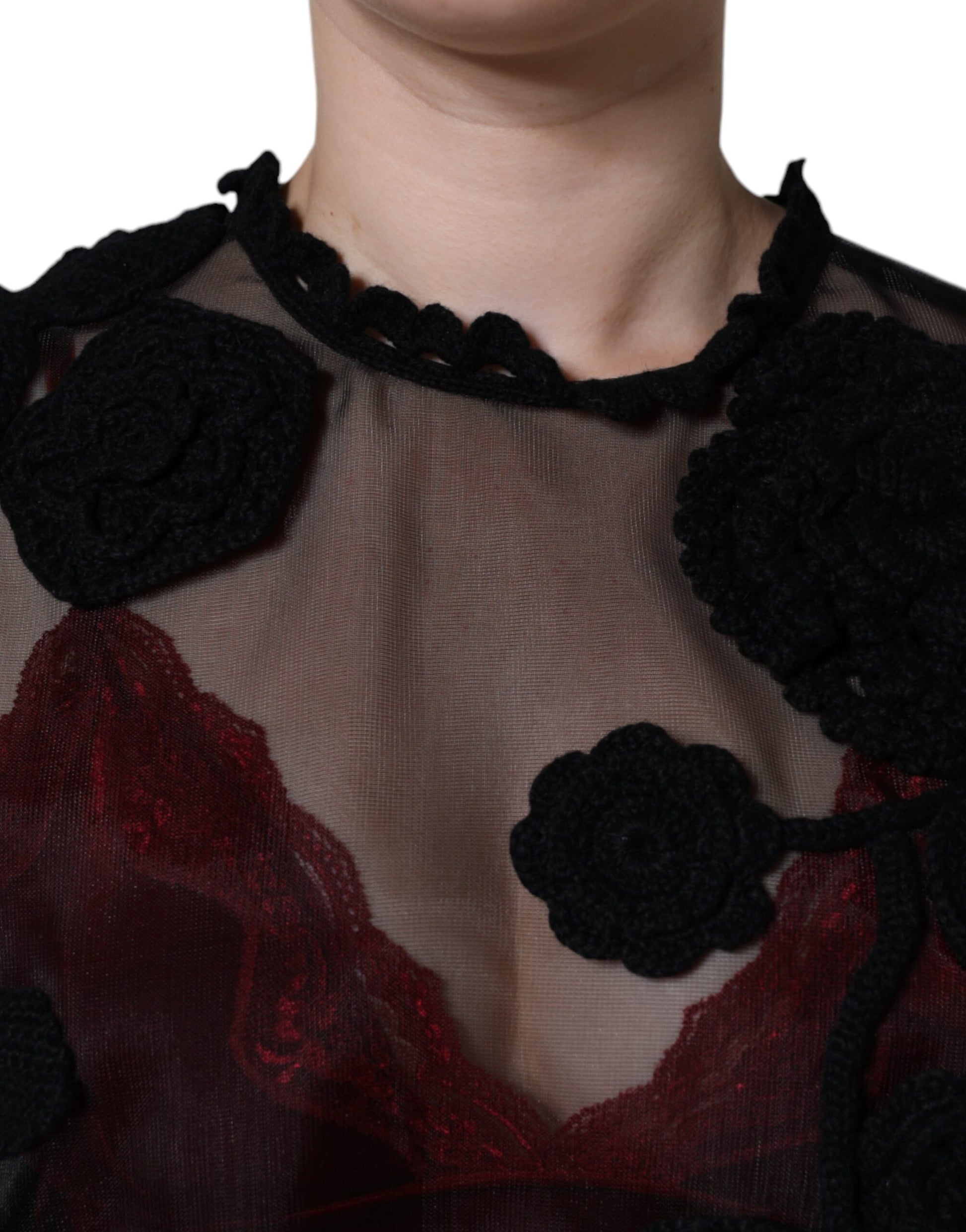 Black Nylon Mesh Transparent Floral Blouse