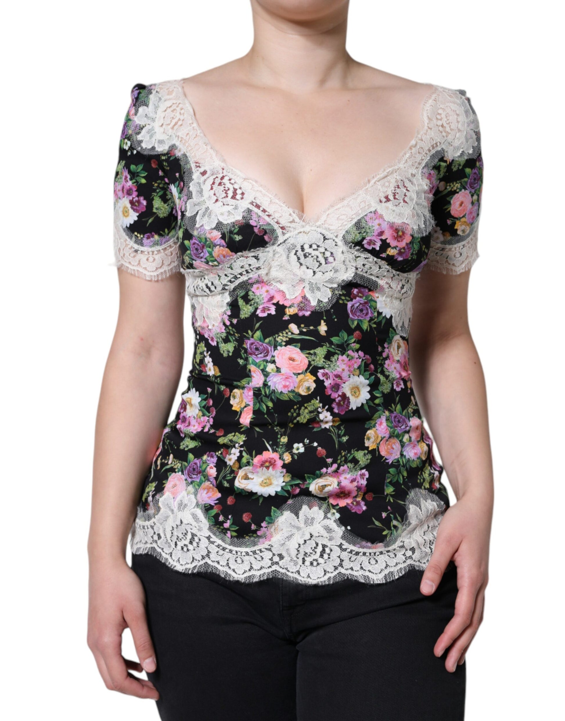 Black Floral Lace Short Sleeves Blouse Top