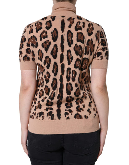 Beige Leopard Print Wool Turtleneck Top