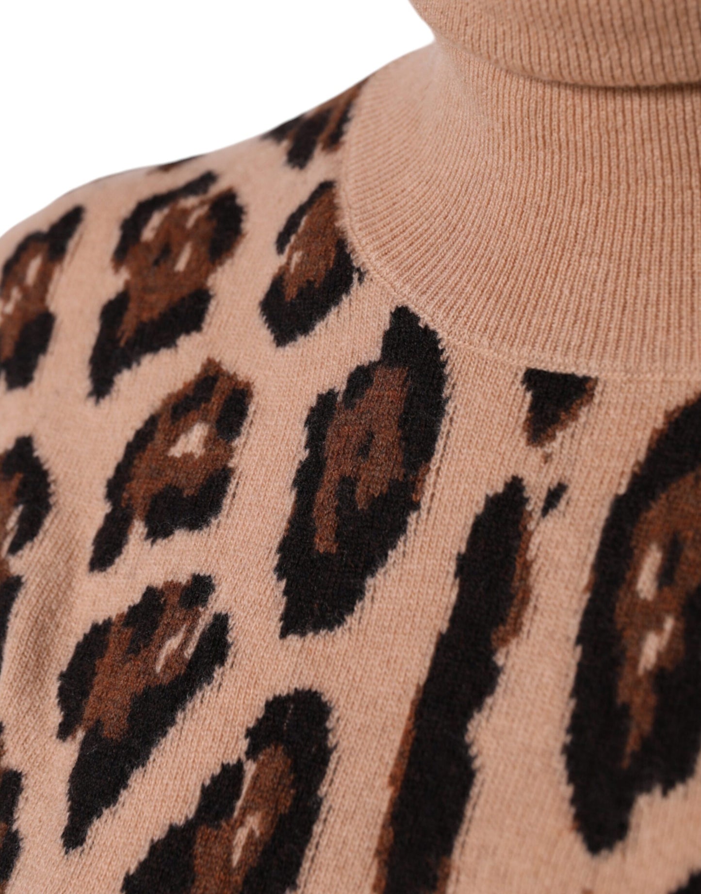 Beige Leopard Print Wool Turtleneck Top