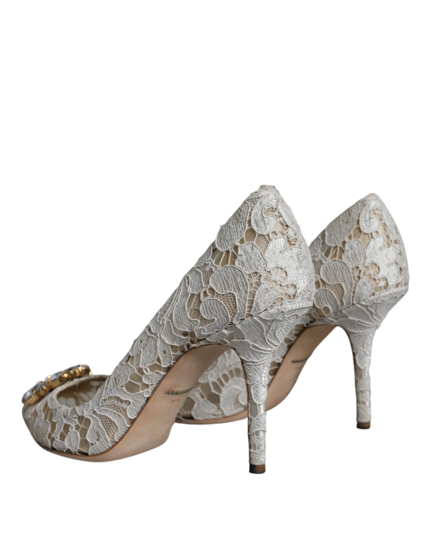 White Taormina Lace Crystal Heel Pumps Shoes