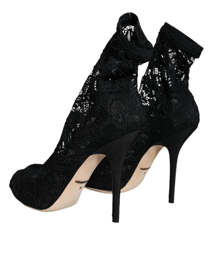 Black Lace Stretch Heels Mid Calf Boot Shoes