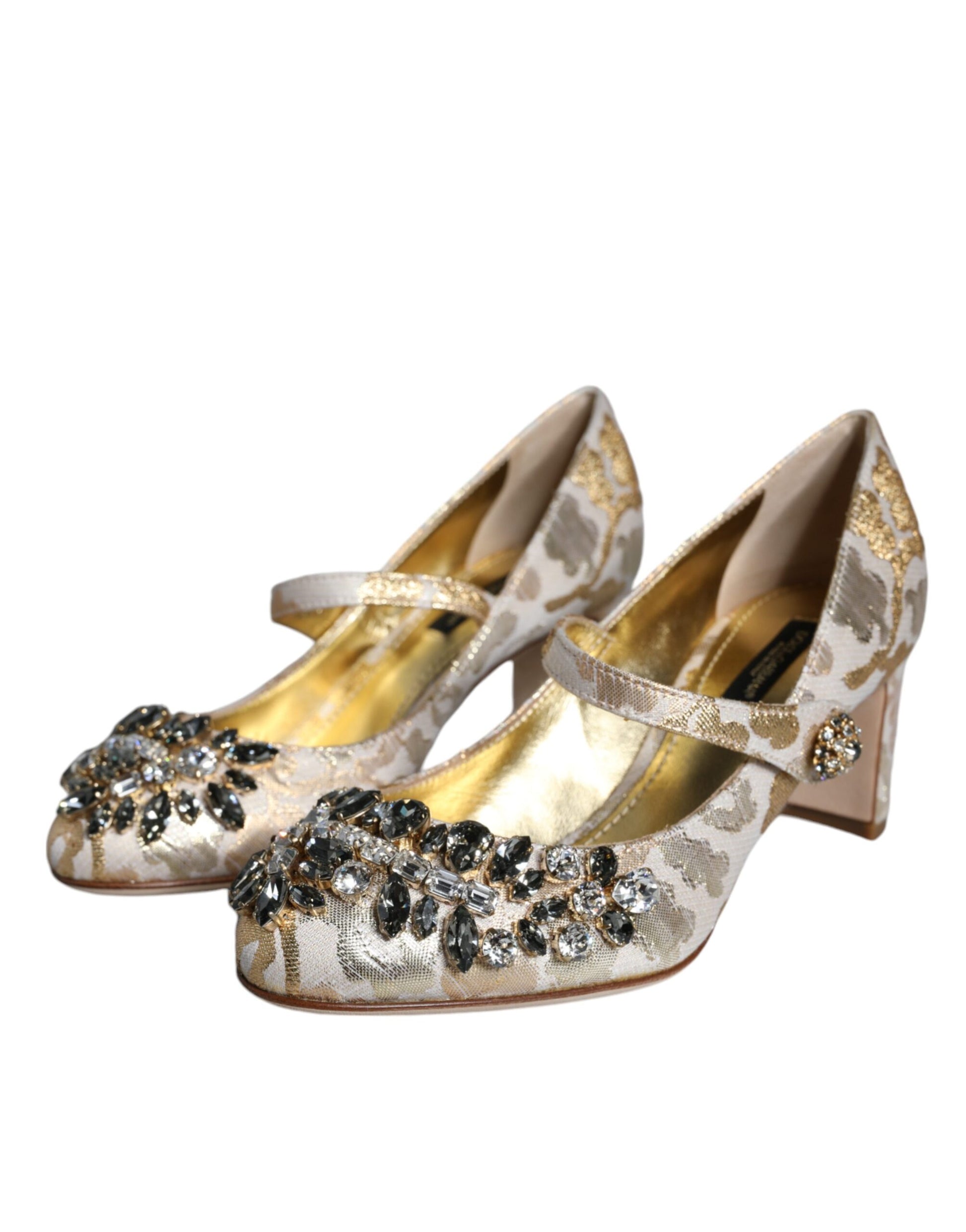 Gold Jacquard Crystal Mary Janes Pumps Shoes