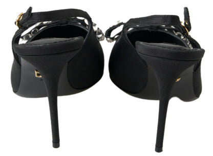 Embellished Black Slingback Heels Pumps