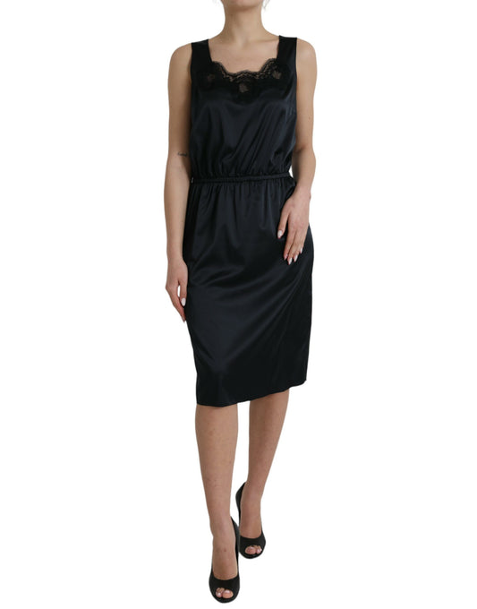 Black Polyester Lace Trim Sheath Midi Dress