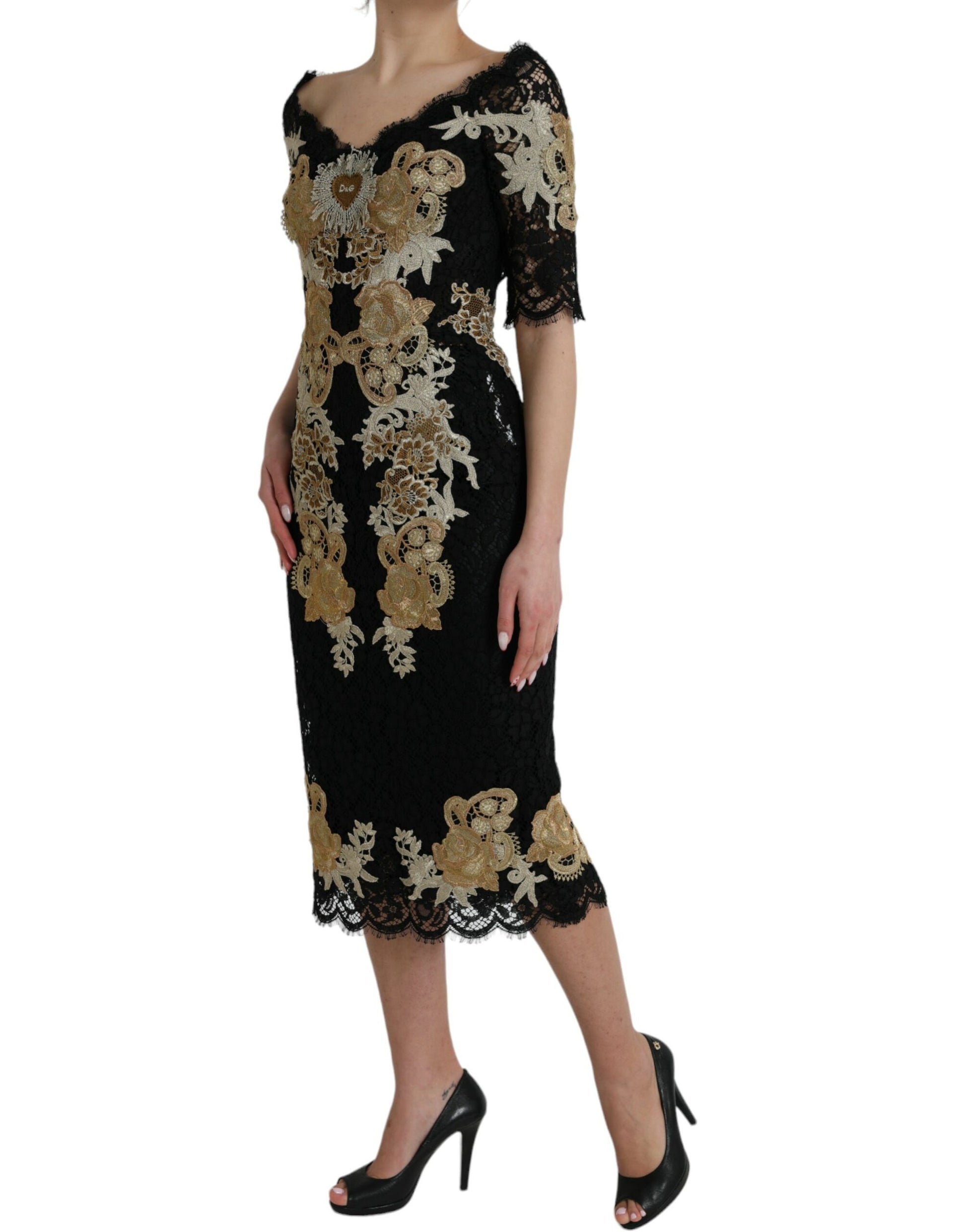 Black Floral Lace Cotton Sheath Midi Dress