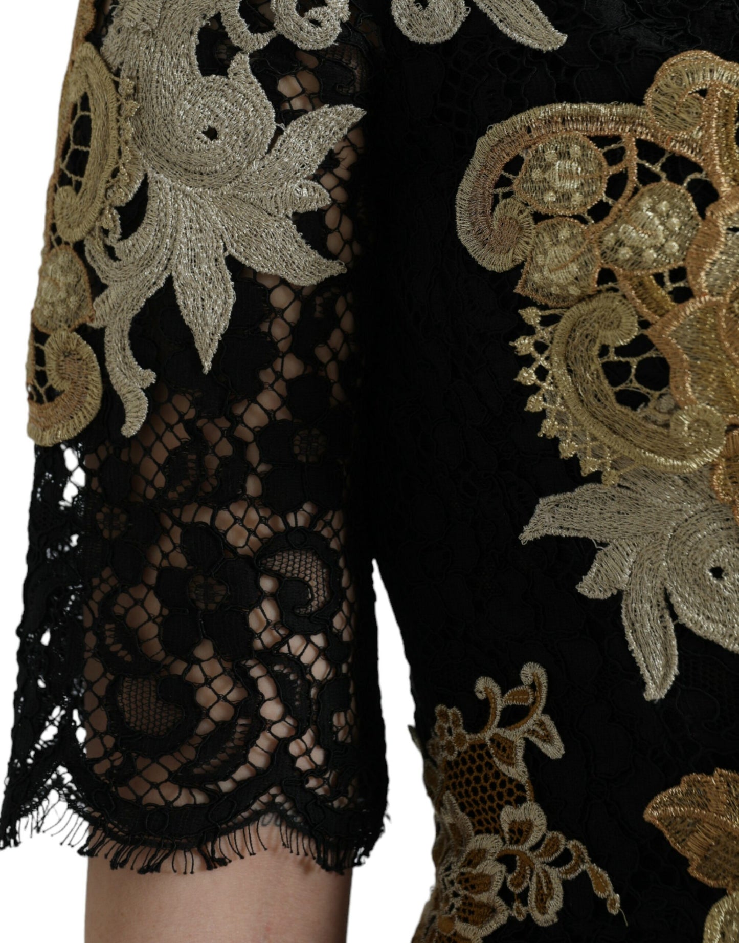 Black Floral Lace Cotton Sheath Midi Dress