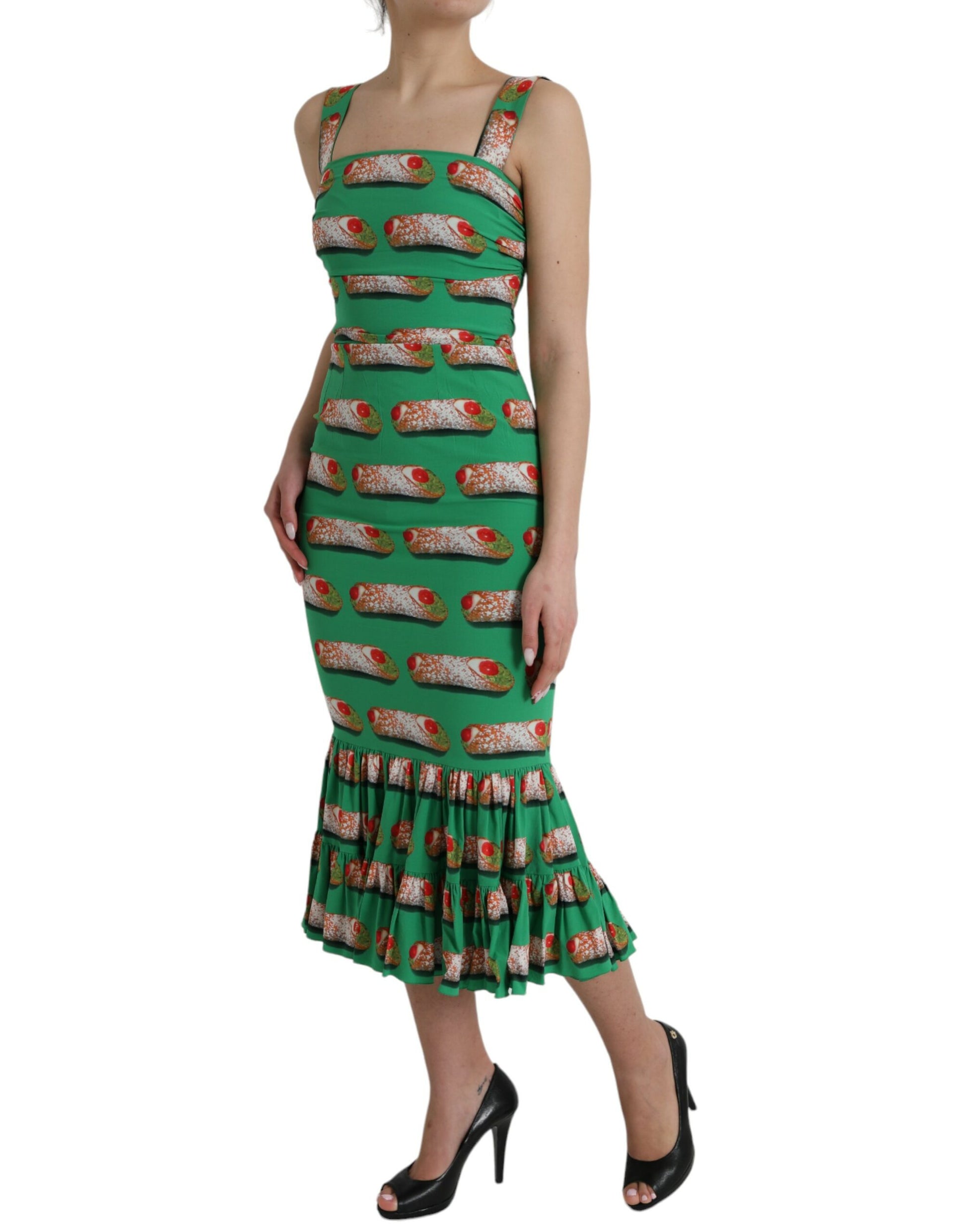 Green Cannoli Print Silk Ruched Midi Dress