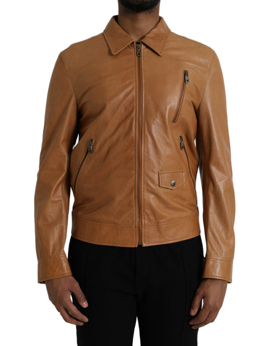 Brown Lamb Leather Full Zip Blouson Jacket
