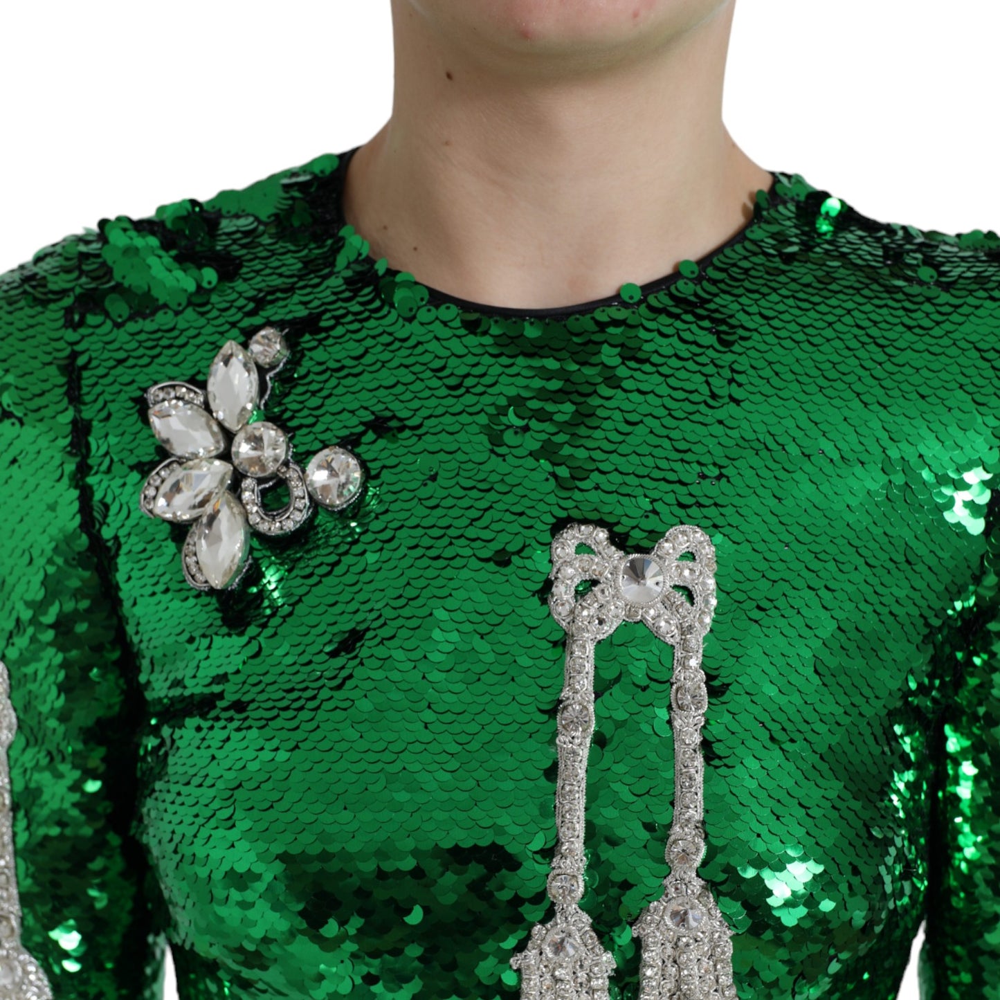 Elegant Below Knee Green Embroidered Dress