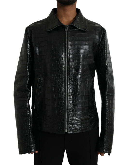Black Exotic Leather Full Zip Jacket