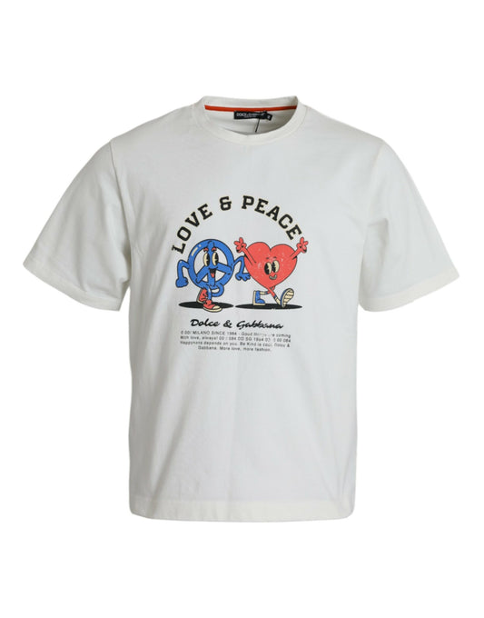 White Love & Peace Cotton Crew Neck T-shirt