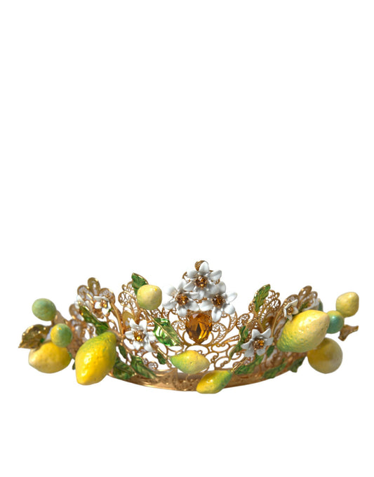Gold Tone Brass Crystal Sicily Lemon Head Crown Tiara