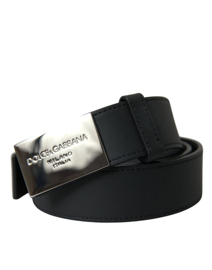 Black Leather Silver Logo Metal Buckle Belt