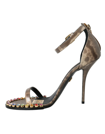 Brown Exotic Leather Crystal Sandals Shoes