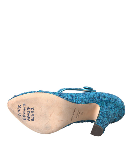 Blue Sequin Mary Jane Pumps High Heels Shoes