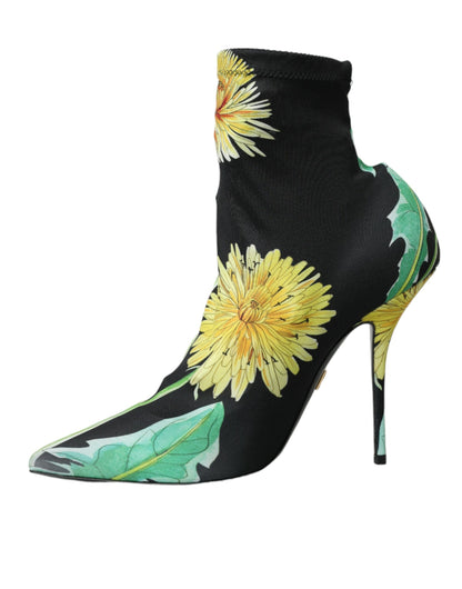 Black Floral Jersey Stretch Ankle Boots Shoes