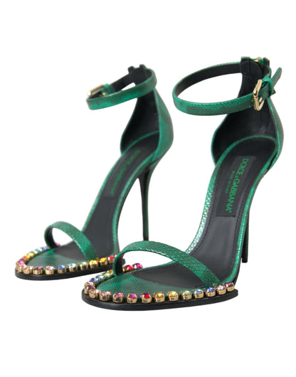 Green Exotic Leather Crystal Sandals Shoes