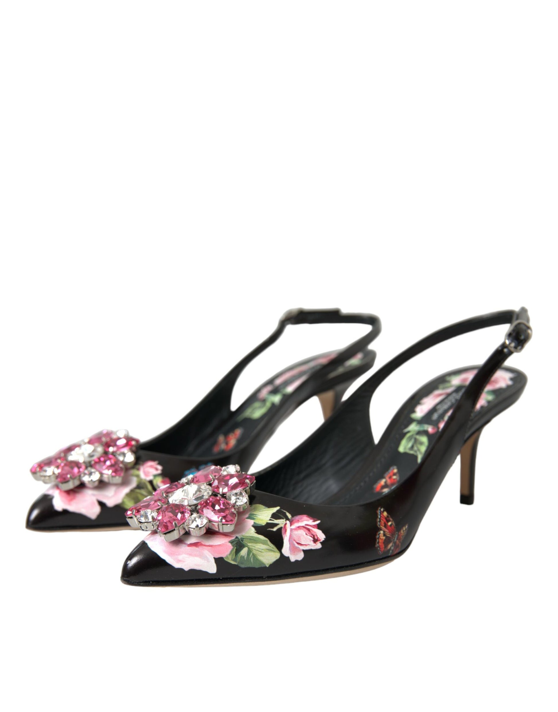 Black Roses Crystal Heels Slingback Shoes