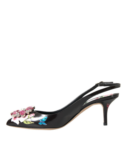 Black Roses Crystal Heels Slingback Shoes
