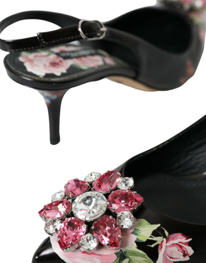 Black Roses Crystal Heels Slingback Shoes