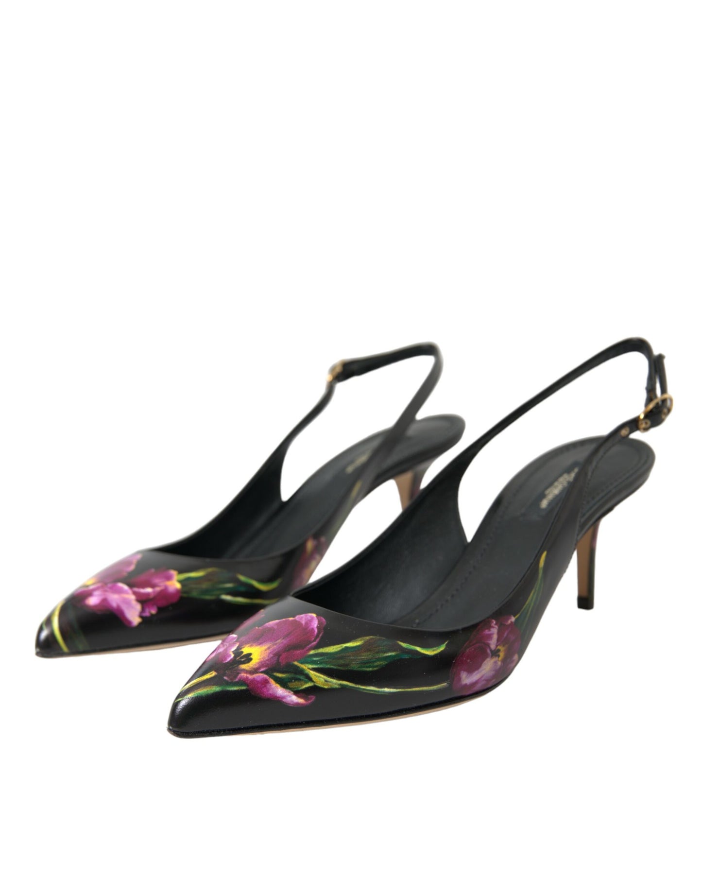 Black Floral Leather Heels Slingback Shoes