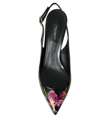 Black Floral Leather Heels Slingback Shoes
