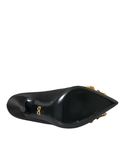 Black Satin Bow Crystal Heels Pumps Shoes