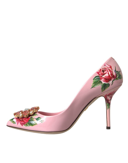 Pink Floral Leather Crystal Heels Pumps Shoes