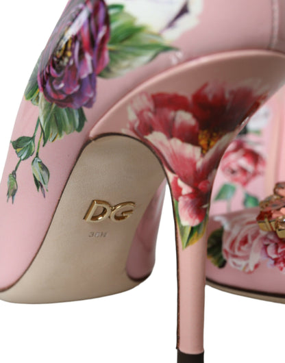 Pink Floral Leather Crystal Heels Pumps Shoes