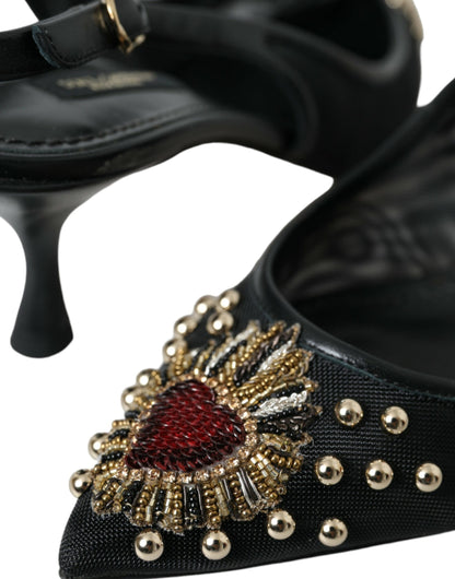 Black Mesh Embellished Heel Slingbacks Shoes