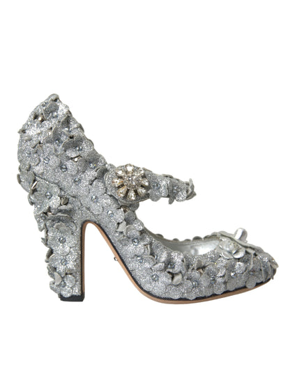 Silver Floral Crystal Mary Jane Pumps Shoes