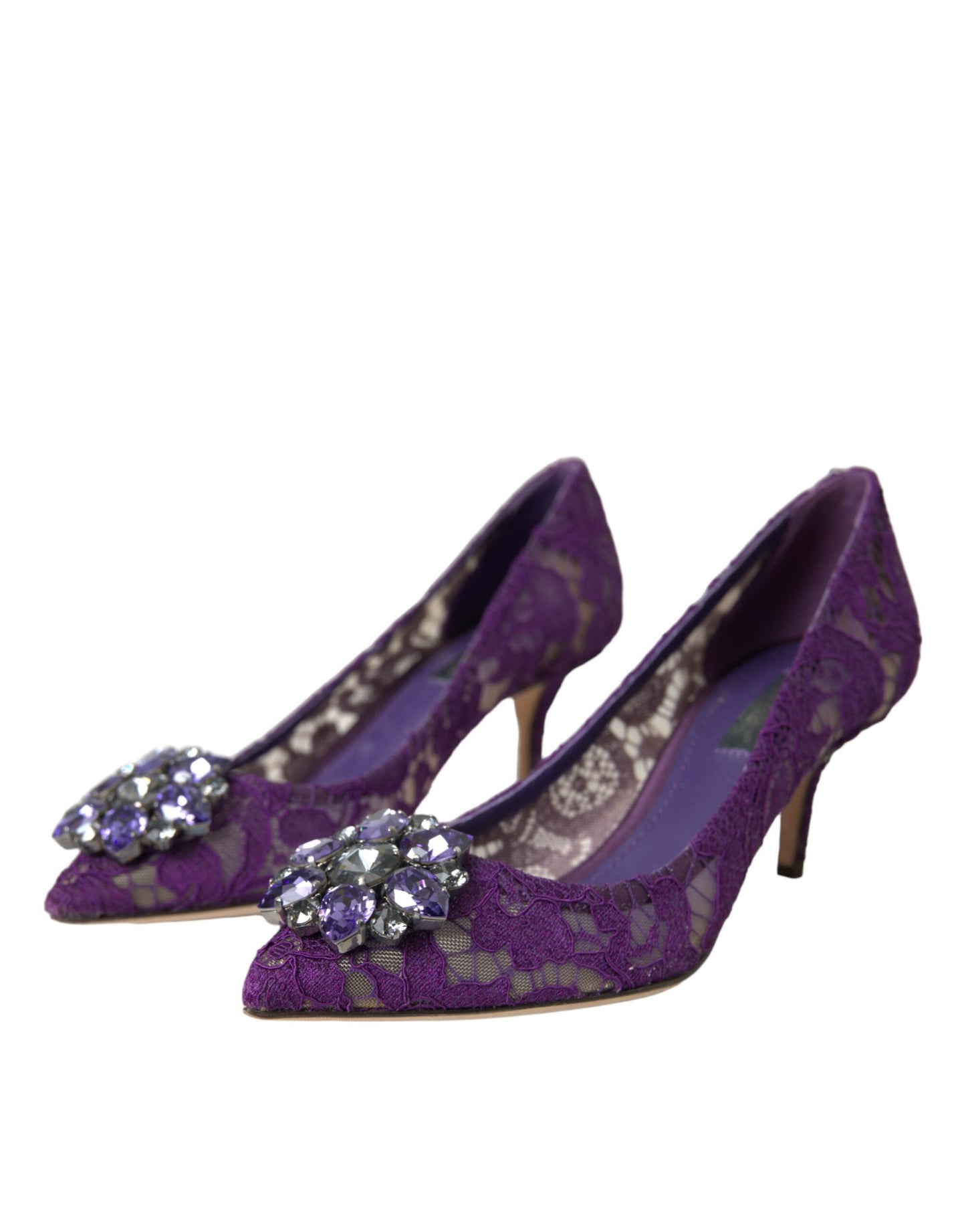 Purple Taormina Lace Crystal Heel Pumps Shoes