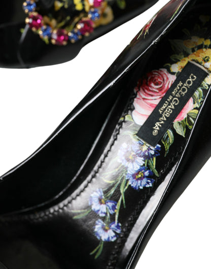 Black Floral Crystals Leather Pumps Shoes