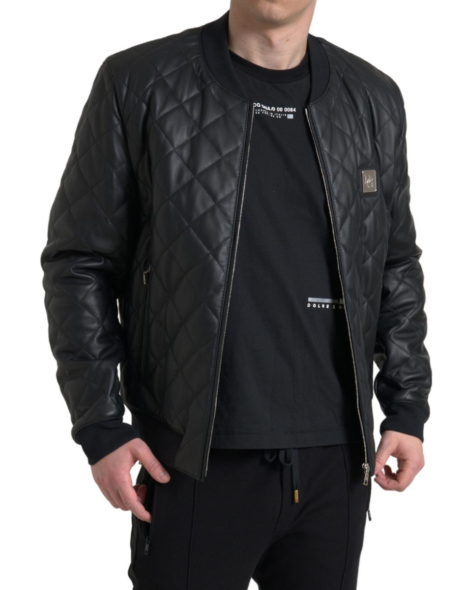 Elegant Black Leather Bomber Jacket