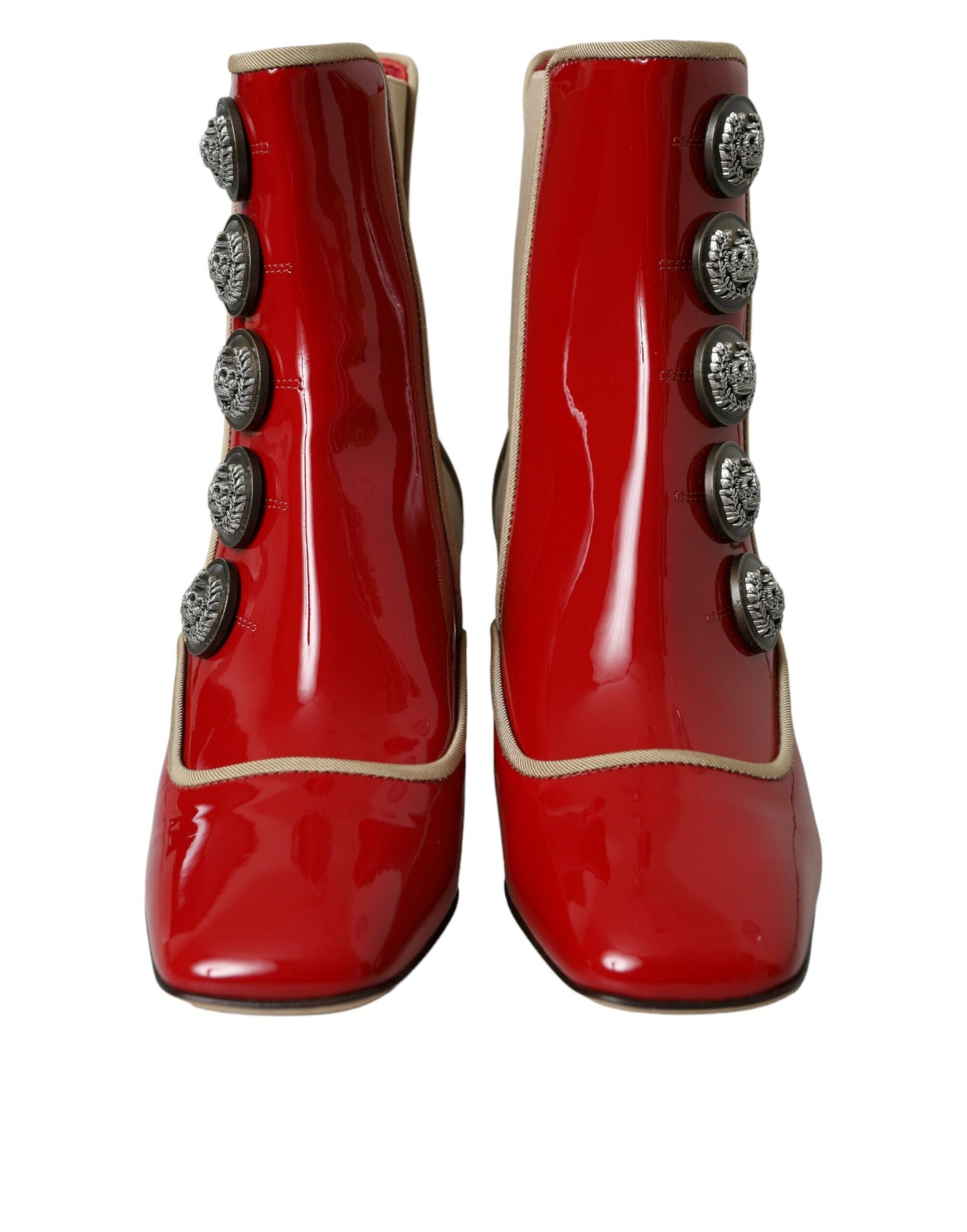 Red Beige Leather Embellished Mid Calf Boots Shoes
