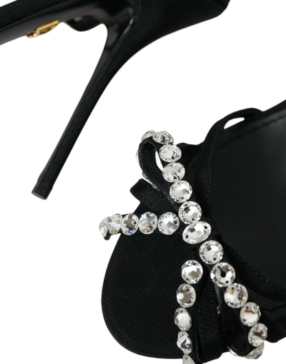 Black Viscose Crystal Bow Heels Sandals Shoes
