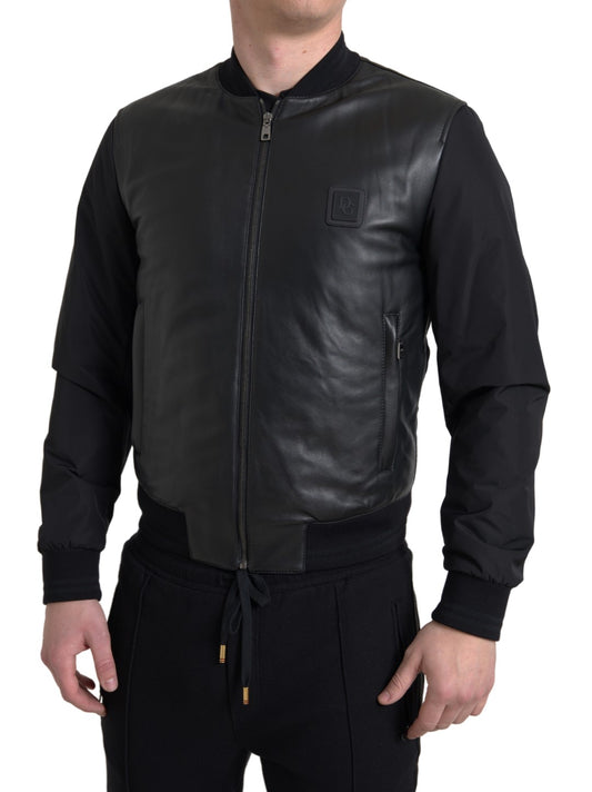 Sleek Black Leather Bomber Jacket