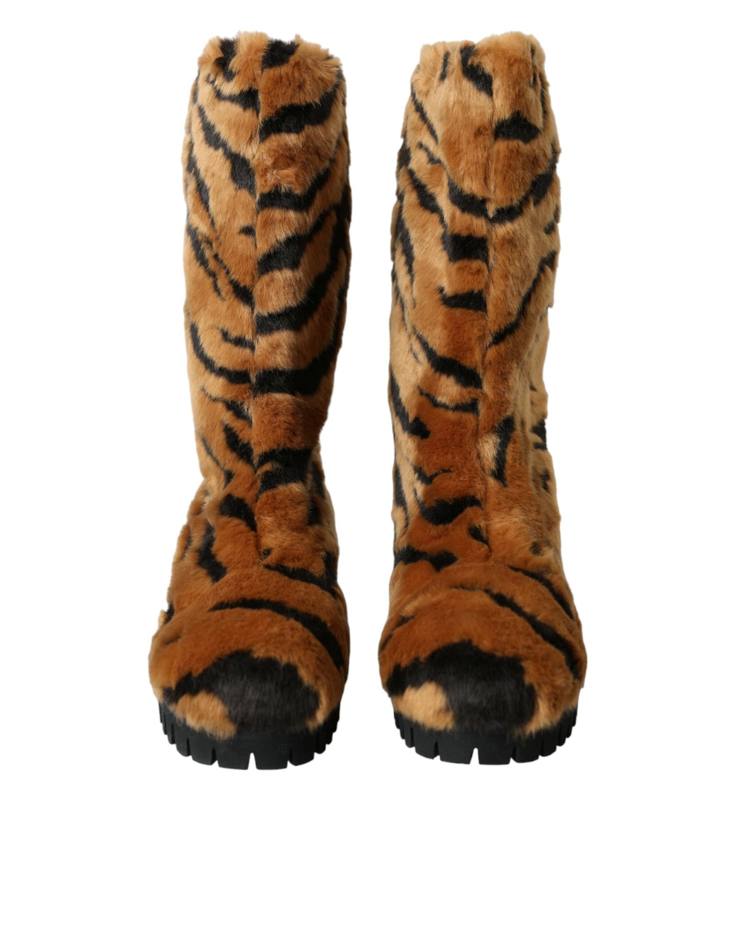 Brown Tiger Fur Leather Mid Calf Boots Shoes