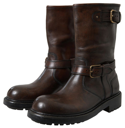 Elegant Brown Leather Mid-Calf Biker Boots