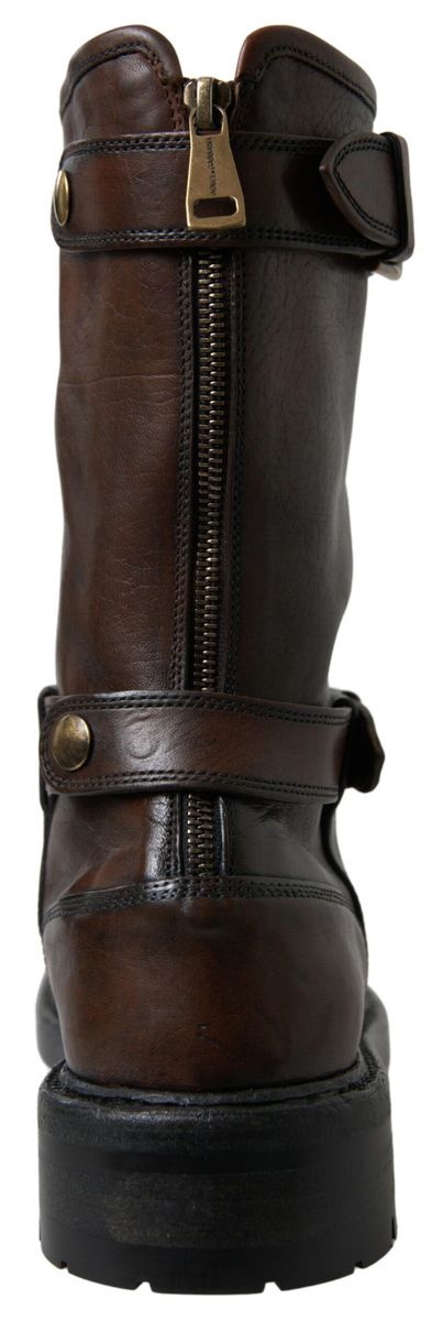 Elegant Brown Leather Mid-Calf Biker Boots