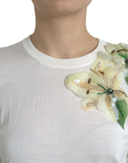 Silk Floral Applique Pullover Sweater