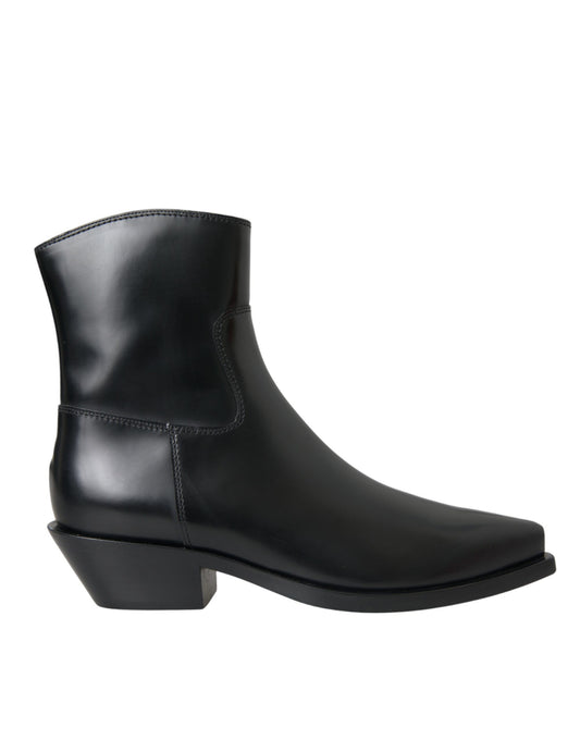 Black Leather Mid Calf Flats Boots Shoes