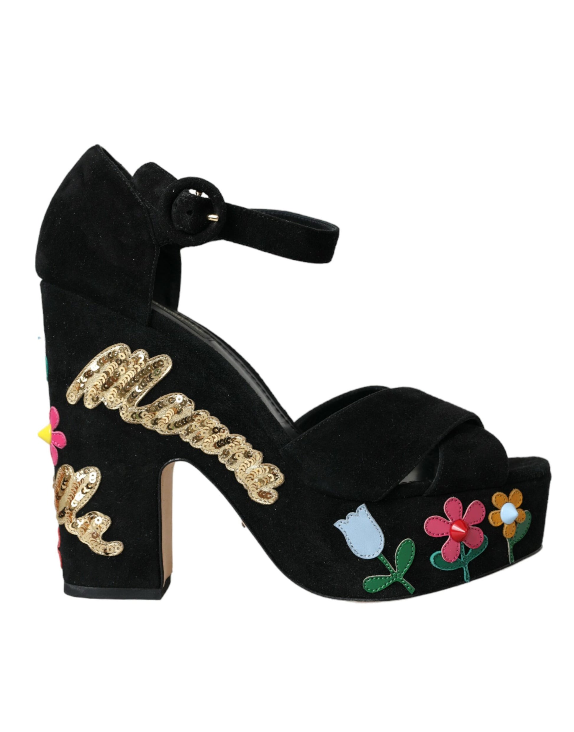 Black Floral Ankle Strap Heels Sandals Shoes