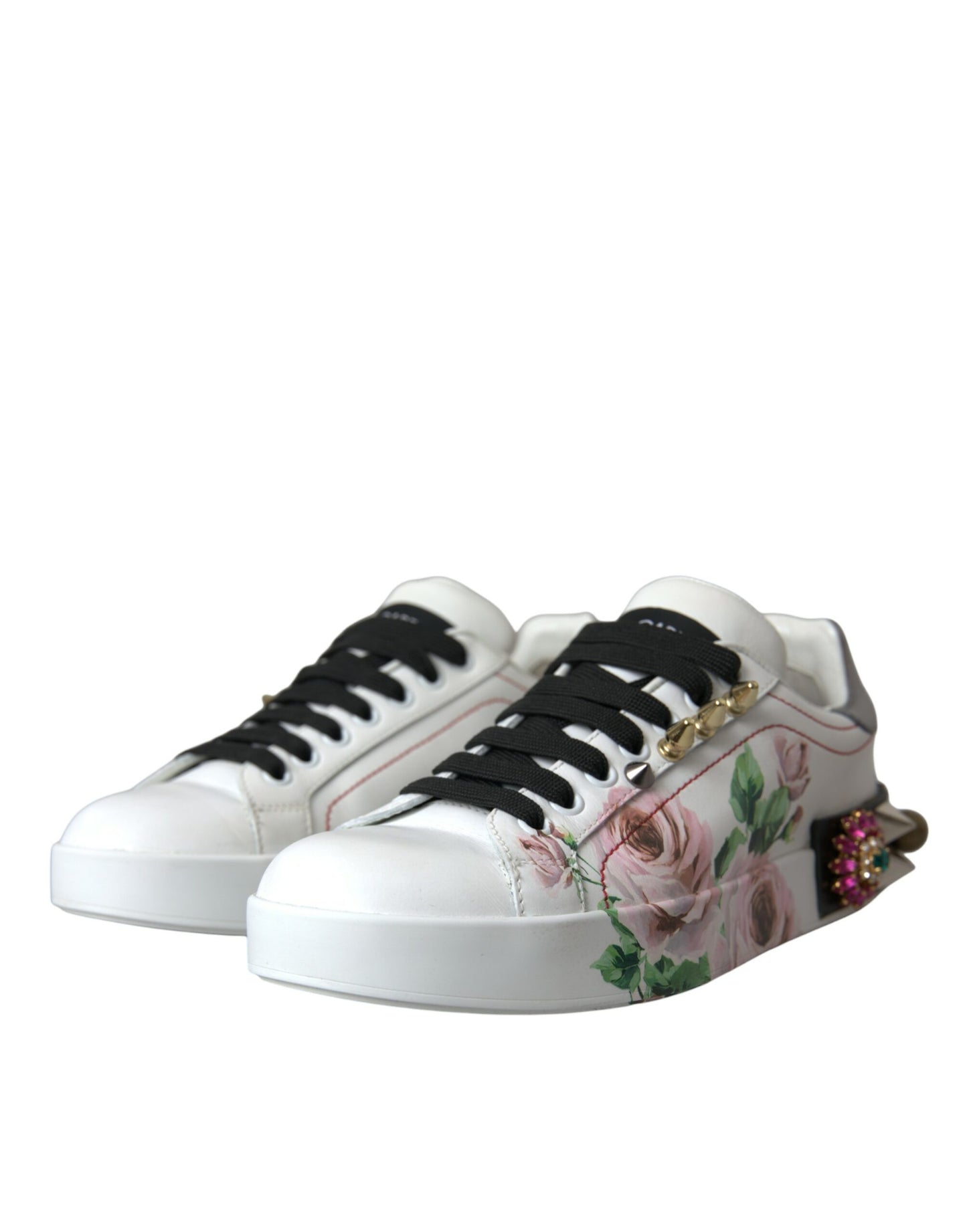 White Leather Crystal Roses Floral Sneakers Shoes