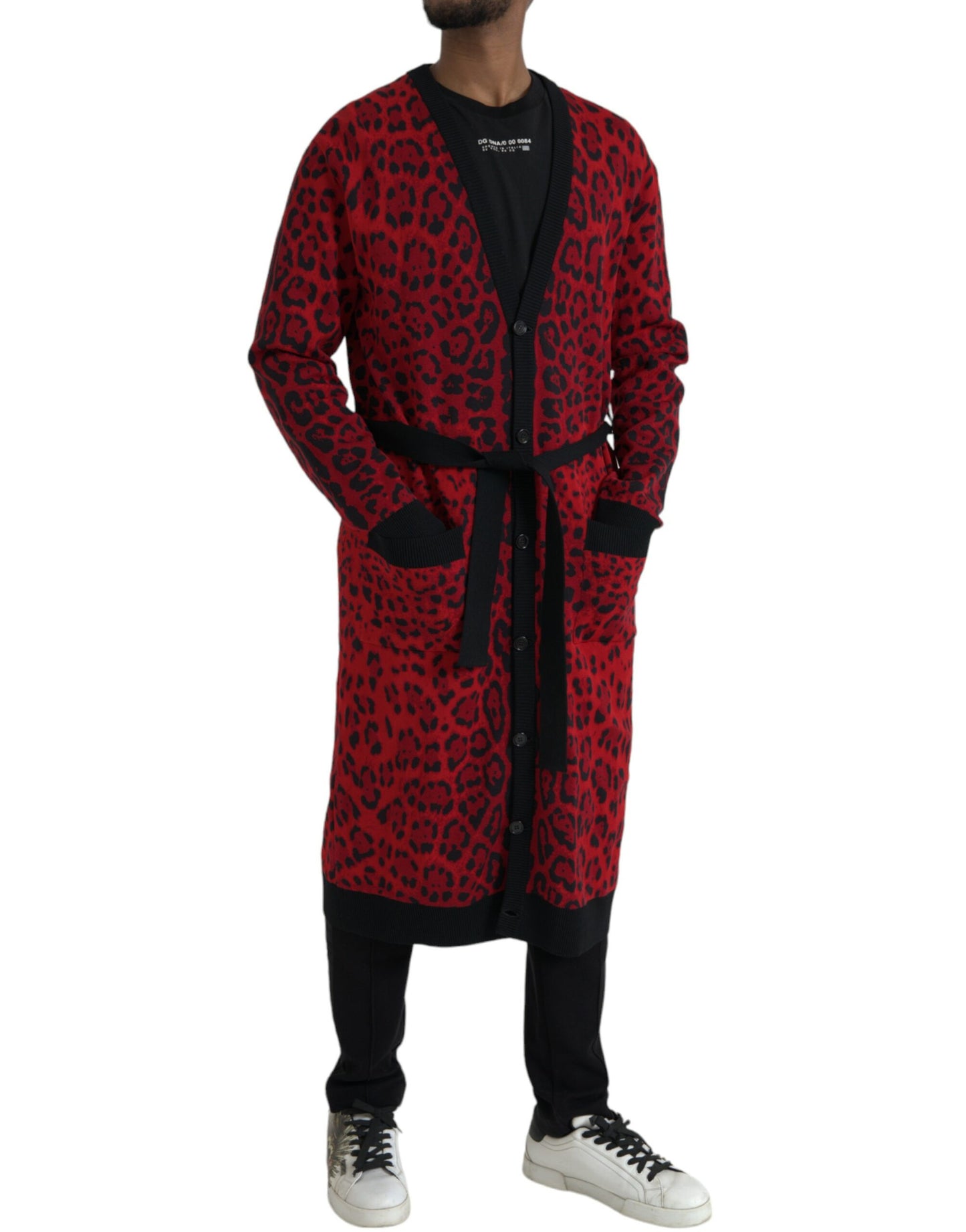 Red Leopard Wool Robe Belted Cardigan Sweater