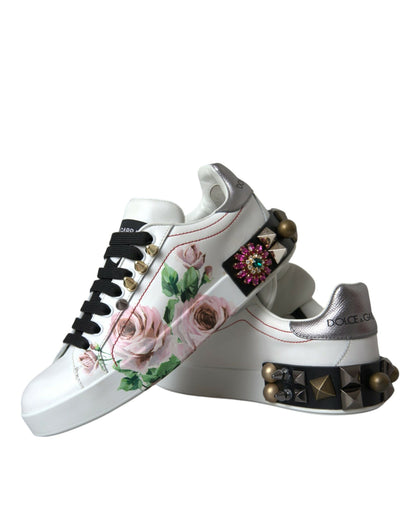 White Leather Crystal Roses Floral Sneakers Shoes